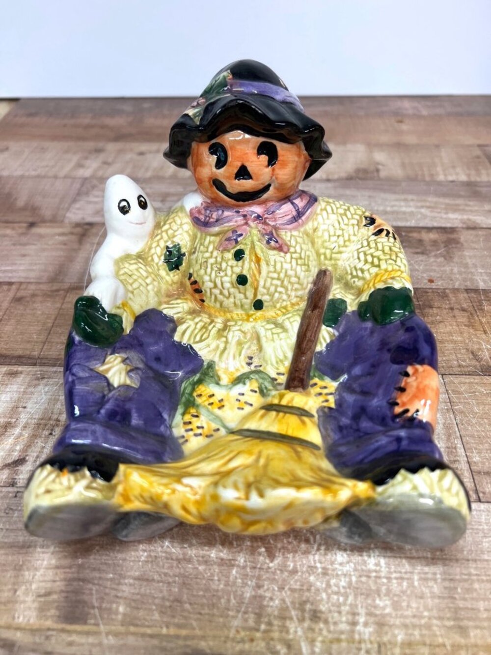 Hand-Painted Ceramic Scarecrow & Ghost Figurine - Halloween Decor